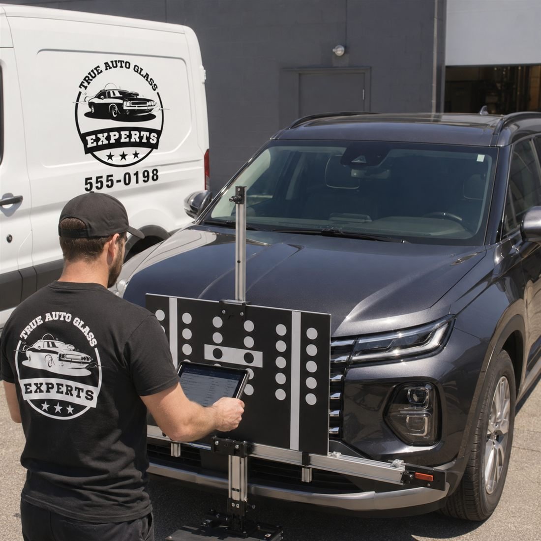 True Auto Glass Experts technician performing ADAS camera calibration on a vehicle windshield with calibration equipment