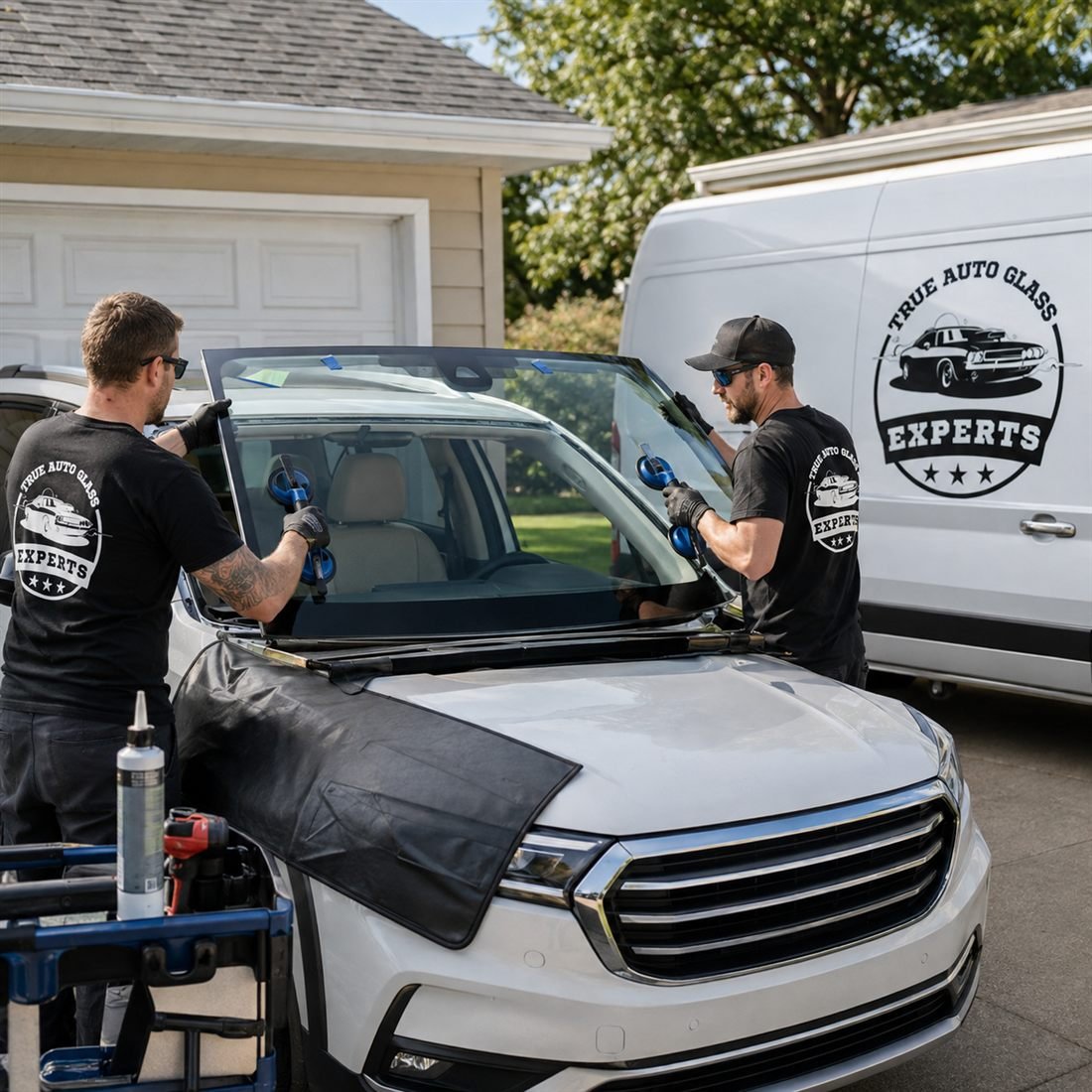 Two True Auto Glass Experts technicians removing a cracked windshield from an SUV using suction cup tools
