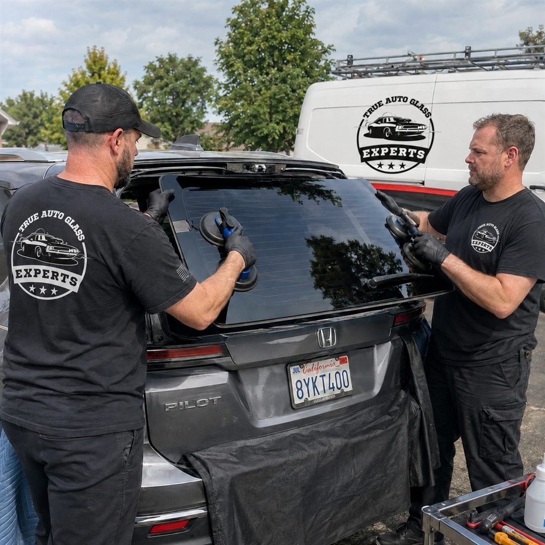 Two True Auto Glass Experts technicians installing a rear windshield using suction cup handles