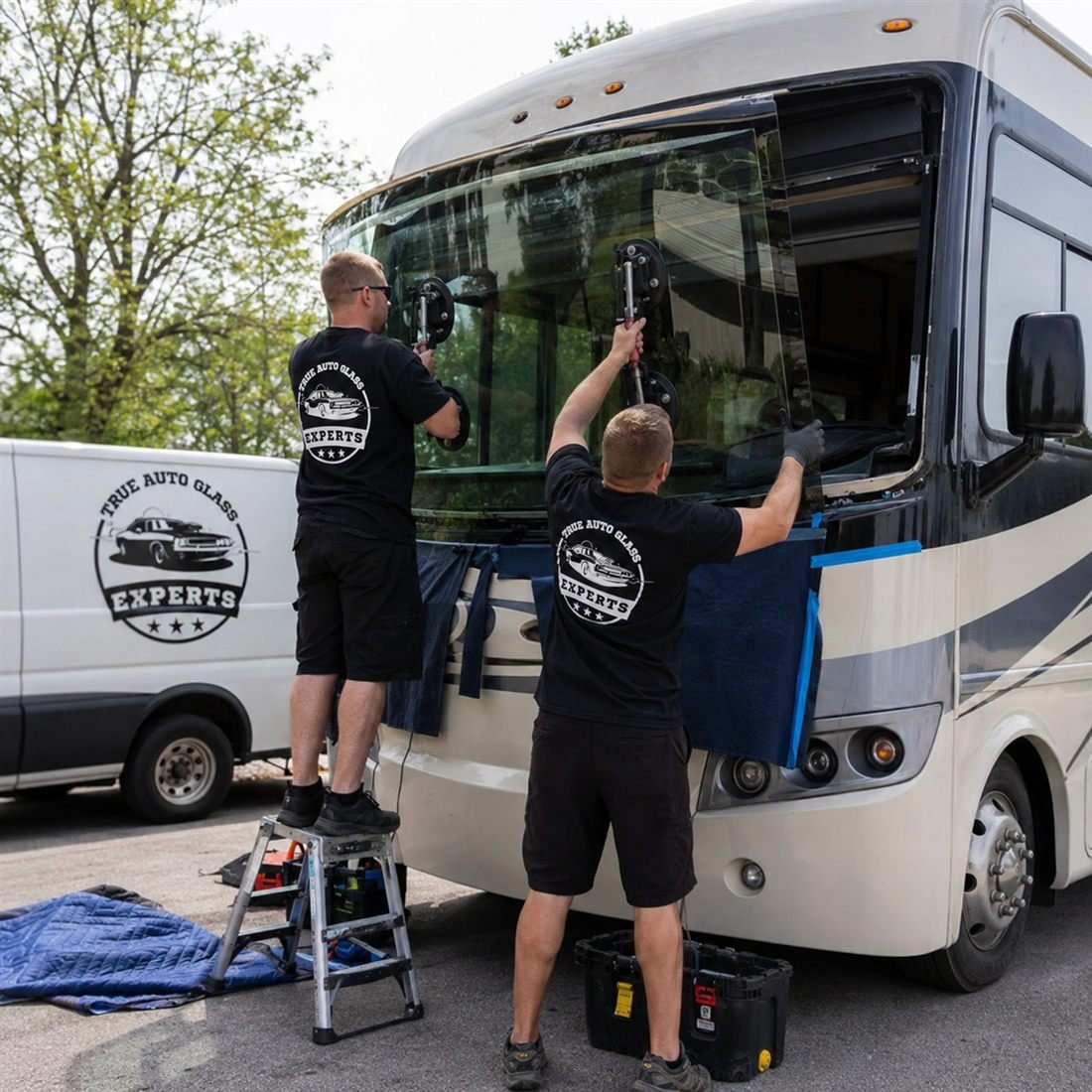 Two True Auto Glass Experts technicians installing a windshield on an RV motorhome