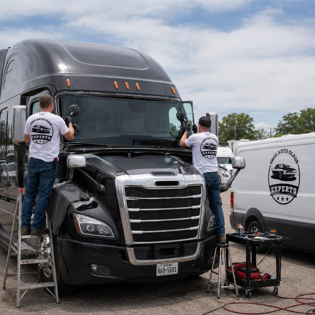 Two True Auto Glass Experts technicians replacing the windshield on a semi truck