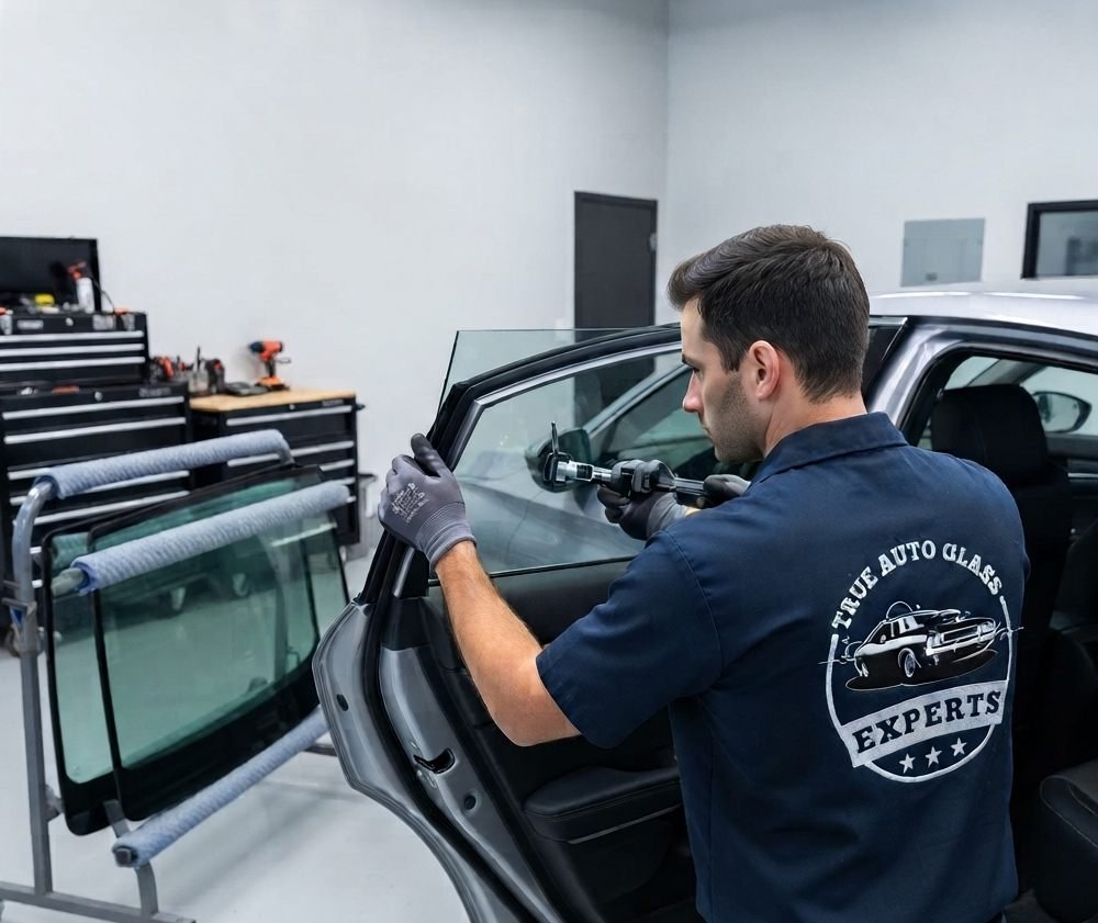 True Auto Glass Experts technician installing replacement side window glass in a service bay