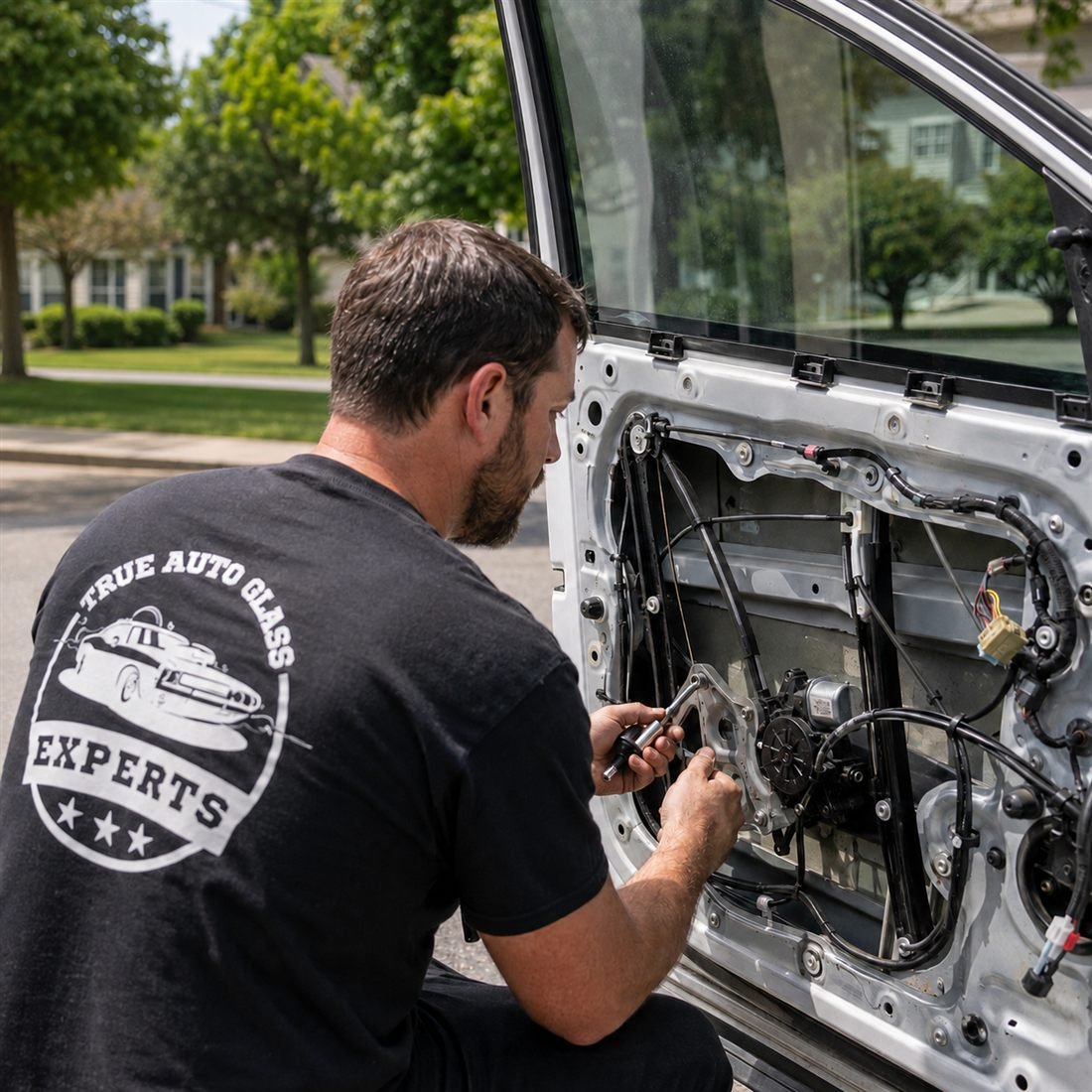 True Auto Glass Experts technician repairing a power window regulator inside an open vehicle door panel