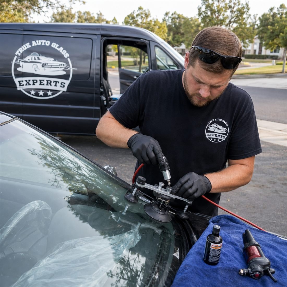 True Auto Glass Experts technician repairing a windshield chip with a bridge-mounted resin injector