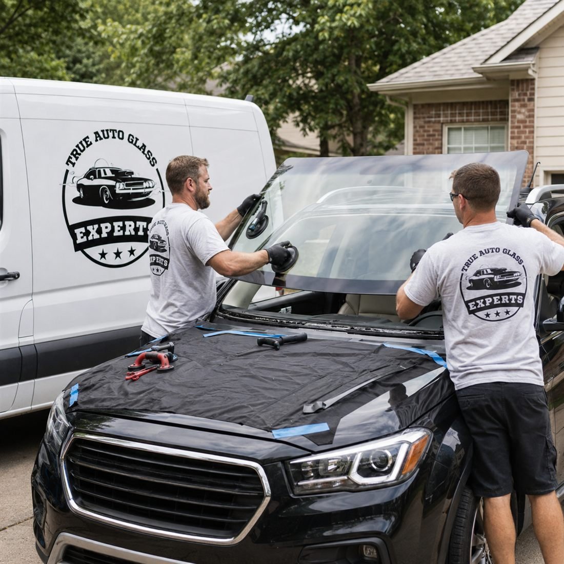 Two True Auto Glass Experts technicians lifting a new windshield into place on a vehicle