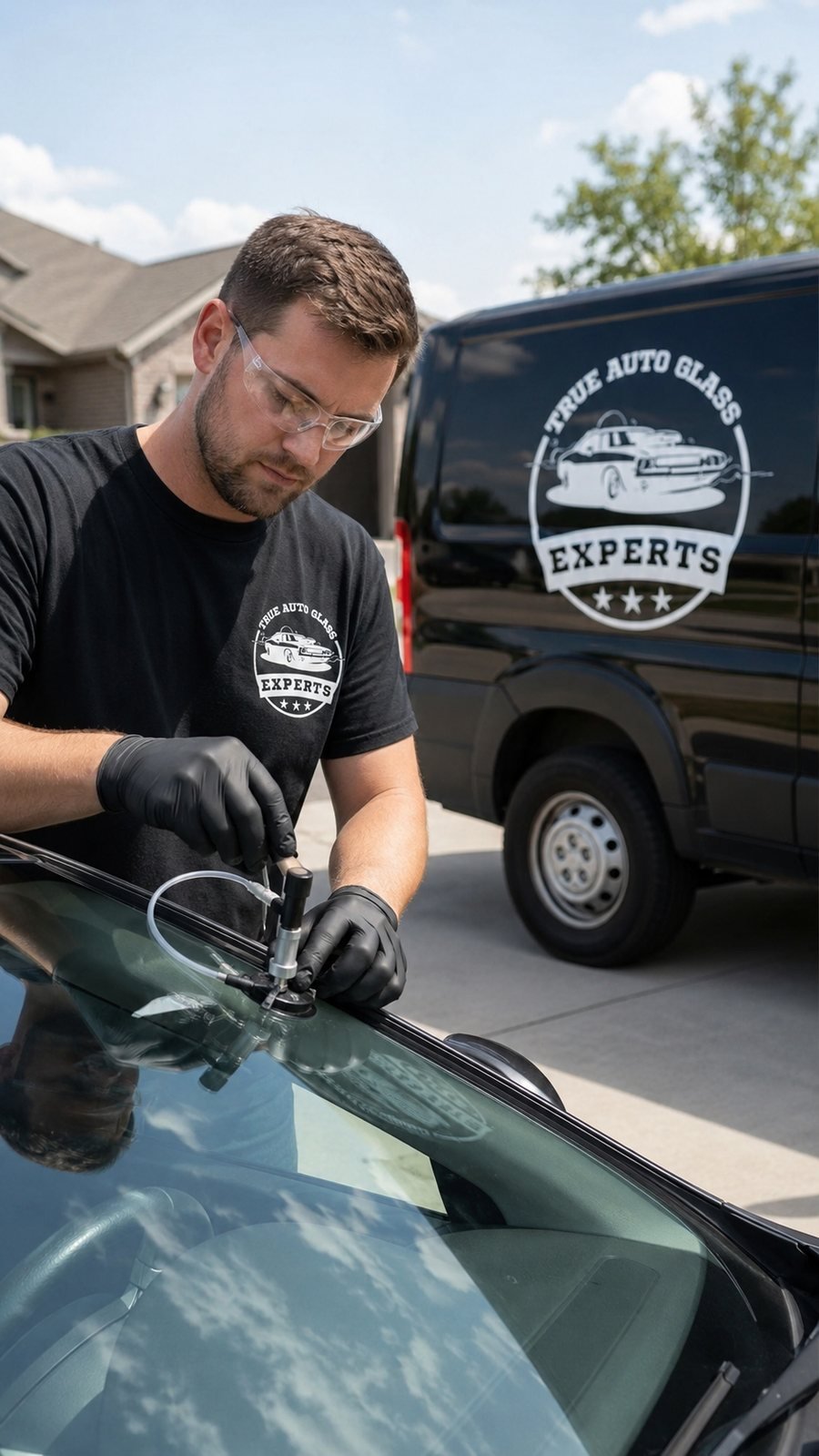 True Auto Glass Experts technician repairing a windshield chip beside the company's mobile service van in Phoenix, AZ